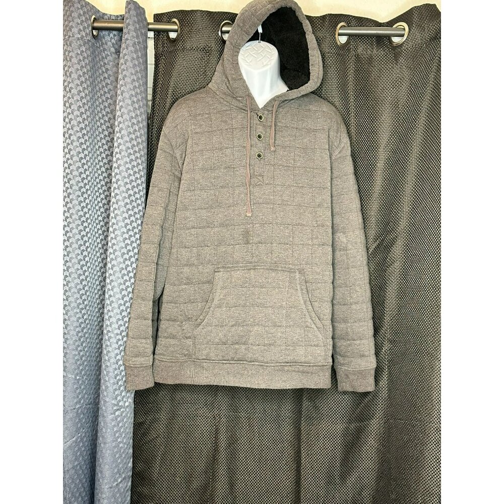 Quilted Gray Hooded‎ Pullover Sweatshirt With Kangaroo Pocket & Button Closure